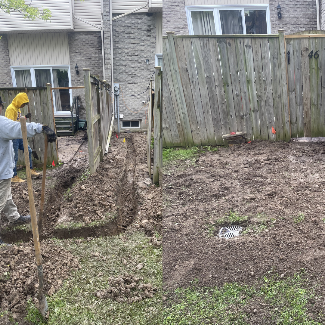 Downspout extension fixing water pooling beside a London, Ontario home